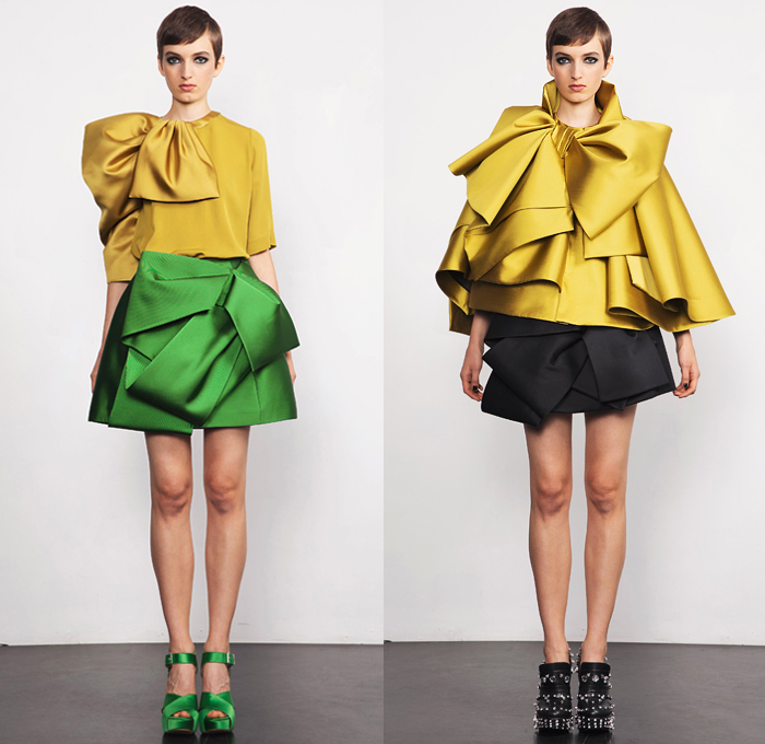 Dice Kayek 2019 Spring Summer Womens Lookbook Presentation - Mode à Paris Fashion Week France - Dimensional Sculptural Voluminous Geometric Check Angular Pointed Poufy Frankenstein High Shoulders Asymmetrical Pantsuit Tied Knot Bow Ribbon Silk Satin High Low Waterfall Dovetail Hem Dress Miniskirt Adorned Sequins Bumblebee Ruffles Flounce Tiered Stripes Turtleneck Knit Sweater Accordion Pleats Tail Strapless Top Butterfly Bedazzled Crystals Platforms Loafers