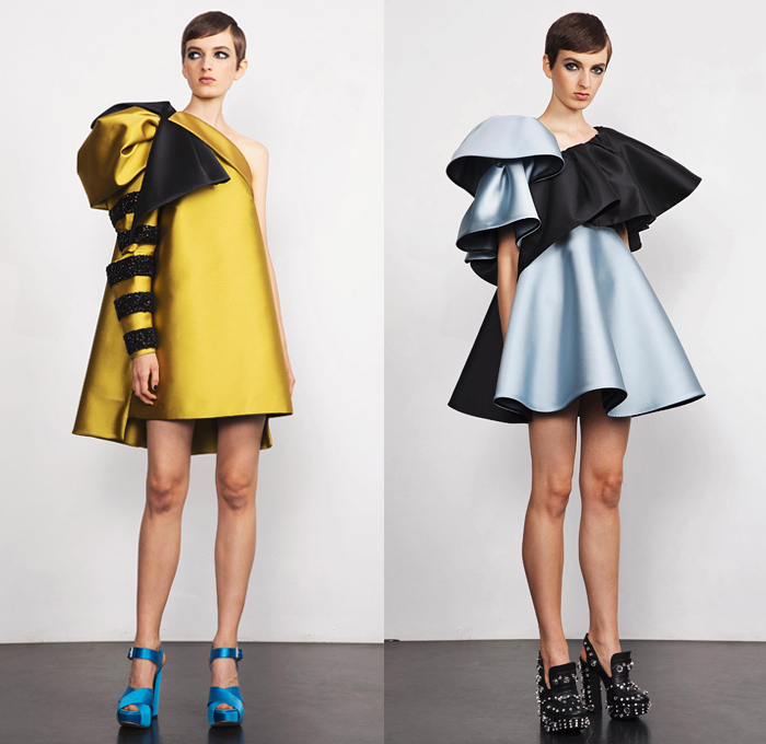 Dice Kayek 2019 Spring Summer Womens Lookbook Presentation - Mode à Paris Fashion Week France - Dimensional Sculptural Voluminous Geometric Check Angular Pointed Poufy Frankenstein High Shoulders Asymmetrical Pantsuit Tied Knot Bow Ribbon Silk Satin High Low Waterfall Dovetail Hem Dress Miniskirt Adorned Sequins Bumblebee Ruffles Flounce Tiered Stripes Turtleneck Knit Sweater Accordion Pleats Tail Strapless Top Butterfly Bedazzled Crystals Platforms Loafers