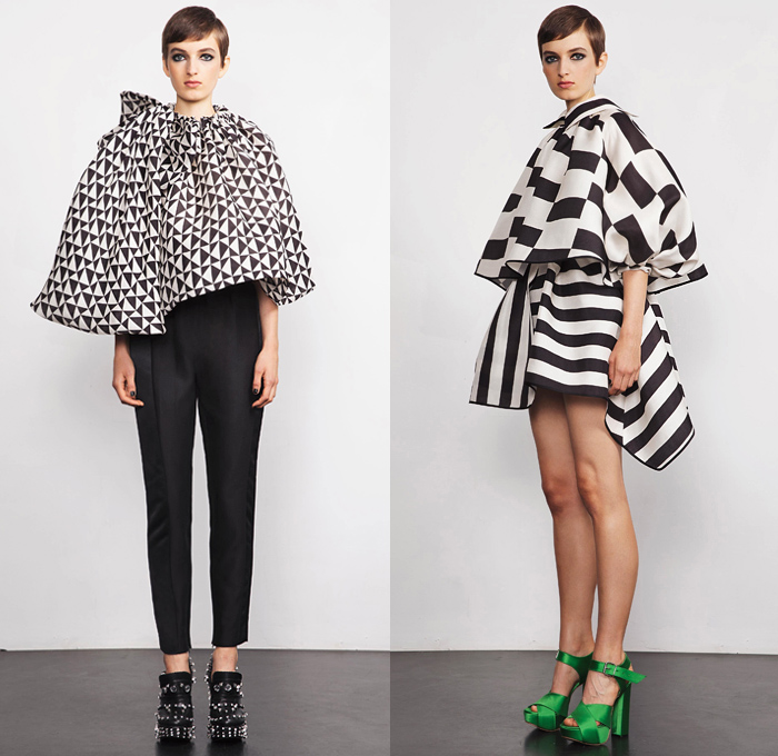 Dice Kayek 2019 Spring Summer Womens Lookbook Presentation - Mode à Paris Fashion Week France - Dimensional Sculptural Voluminous Geometric Check Angular Pointed Poufy Frankenstein High Shoulders Asymmetrical Pantsuit Tied Knot Bow Ribbon Silk Satin High Low Waterfall Dovetail Hem Dress Miniskirt Adorned Sequins Bumblebee Ruffles Flounce Tiered Stripes Turtleneck Knit Sweater Accordion Pleats Tail Strapless Top Butterfly Bedazzled Crystals Platforms Loafers