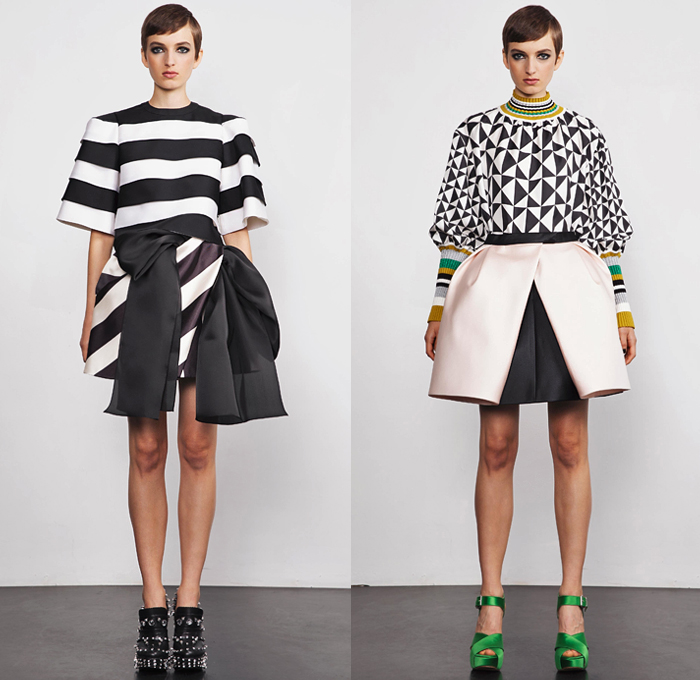 Dice Kayek 2019 Spring Summer Womens Lookbook Presentation - Mode à Paris Fashion Week France - Dimensional Sculptural Voluminous Geometric Check Angular Pointed Poufy Frankenstein High Shoulders Asymmetrical Pantsuit Tied Knot Bow Ribbon Silk Satin High Low Waterfall Dovetail Hem Dress Miniskirt Adorned Sequins Bumblebee Ruffles Flounce Tiered Stripes Turtleneck Knit Sweater Accordion Pleats Tail Strapless Top Butterfly Bedazzled Crystals Platforms Loafers