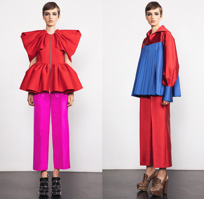 Dice Kayek 2019 Spring Summer Womens Lookbook Presentation - Mode à Paris Fashion Week France - Dimensional Sculptural Voluminous Geometric Check Angular Pointed Poufy Frankenstein High Shoulders Asymmetrical Pantsuit Tied Knot Bow Ribbon Silk Satin High Low Waterfall Dovetail Hem Dress Miniskirt Adorned Sequins Bumblebee Ruffles Flounce Tiered Stripes Turtleneck Knit Sweater Accordion Pleats Tail Strapless Top Butterfly Bedazzled Crystals Platforms Loafers