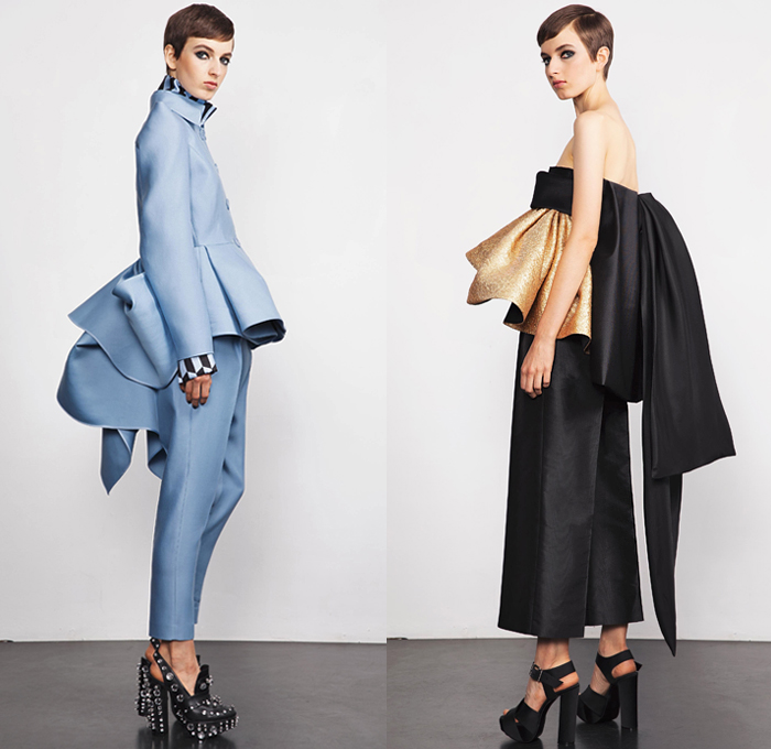 Dice Kayek 2019 Spring Summer Womens Lookbook Presentation - Mode à Paris Fashion Week France - Dimensional Sculptural Voluminous Geometric Check Angular Pointed Poufy Frankenstein High Shoulders Asymmetrical Pantsuit Tied Knot Bow Ribbon Silk Satin High Low Waterfall Dovetail Hem Dress Miniskirt Adorned Sequins Bumblebee Ruffles Flounce Tiered Stripes Turtleneck Knit Sweater Accordion Pleats Tail Strapless Top Butterfly Bedazzled Crystals Platforms Loafers