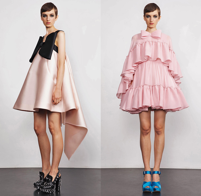 Dice Kayek 2019 Spring Summer Womens Lookbook Presentation - Mode à Paris Fashion Week France - Dimensional Sculptural Voluminous Geometric Check Angular Pointed Poufy Frankenstein High Shoulders Asymmetrical Pantsuit Tied Knot Bow Ribbon Silk Satin High Low Waterfall Dovetail Hem Dress Miniskirt Adorned Sequins Bumblebee Ruffles Flounce Tiered Stripes Turtleneck Knit Sweater Accordion Pleats Tail Strapless Top Butterfly Bedazzled Crystals Platforms Loafers