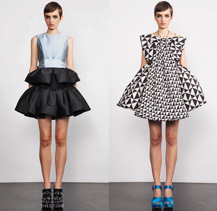 Dice Kayek 2019 Spring Summer Womens Lookbook Presentation - Mode à Paris Fashion Week France - Dimensional Sculptural Voluminous Geometric Check Angular Pointed Poufy Frankenstein High Shoulders Asymmetrical Pantsuit Tied Knot Bow Ribbon Silk Satin High Low Waterfall Dovetail Hem Dress Miniskirt Adorned Sequins Bumblebee Ruffles Flounce Tiered Stripes Turtleneck Knit Sweater Accordion Pleats Tail Strapless Top Butterfly Bedazzled Crystals Platforms Loafers