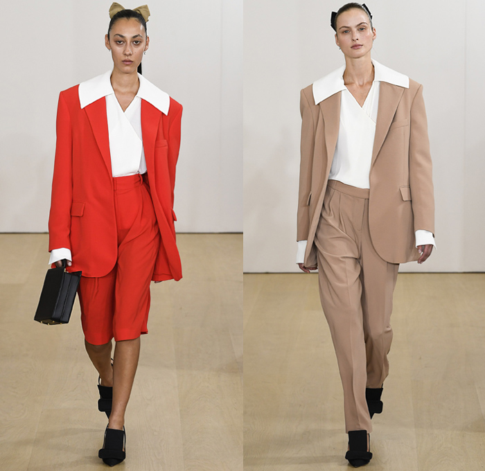 Emilia Wickstead 2019 Spring Summer Womens Runway Catwalk Looks Collection - London Fashion Week Collections UK - Big Collar Pantsuit Round Boatneck Long Sleeve Crop Top Wide Leg Palazzo Pants Butterfly Cape Flowers Floral Onesie Maxi Column Dress Handmaid Mid Century Headwear Cinch Sheer Tulle Sheen Pleats Bow Knot Strapless Goddess Gown Eveningwear Poufy Shoulders Train Briefcase