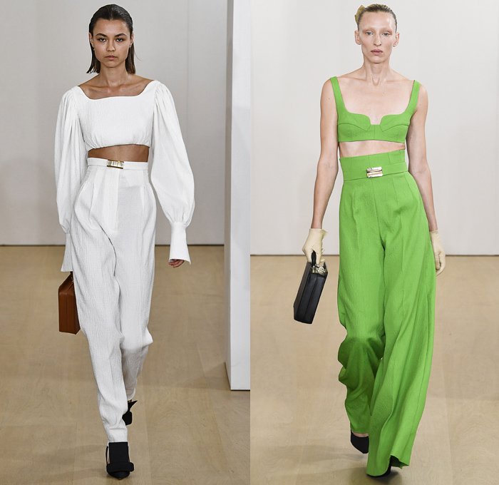 Emilia Wickstead 2019 Spring Summer Womens Runway Catwalk Looks Collection - London Fashion Week Collections UK - Big Collar Pantsuit Round Boatneck Long Sleeve Crop Top Wide Leg Palazzo Pants Butterfly Cape Flowers Floral Onesie Maxi Column Dress Handmaid Mid Century Headwear Cinch Sheer Tulle Sheen Pleats Bow Knot Strapless Goddess Gown Eveningwear Poufy Shoulders Train Briefcase