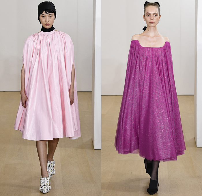 Emilia Wickstead 2019 Spring Summer Womens Runway Catwalk Looks Collection - London Fashion Week Collections UK - Big Collar Pantsuit Round Boatneck Long Sleeve Crop Top Wide Leg Palazzo Pants Butterfly Cape Flowers Floral Onesie Maxi Column Dress Handmaid Mid Century Headwear Cinch Sheer Tulle Sheen Pleats Bow Knot Strapless Goddess Gown Eveningwear Poufy Shoulders Train Briefcase