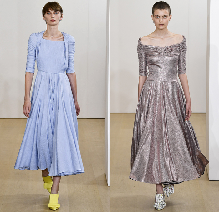 Emilia Wickstead 2019 Spring Summer Womens Runway Catwalk Looks Collection - London Fashion Week Collections UK - Big Collar Pantsuit Round Boatneck Long Sleeve Crop Top Wide Leg Palazzo Pants Butterfly Cape Flowers Floral Onesie Maxi Column Dress Handmaid Mid Century Headwear Cinch Sheer Tulle Sheen Pleats Bow Knot Strapless Goddess Gown Eveningwear Poufy Shoulders Train Briefcase