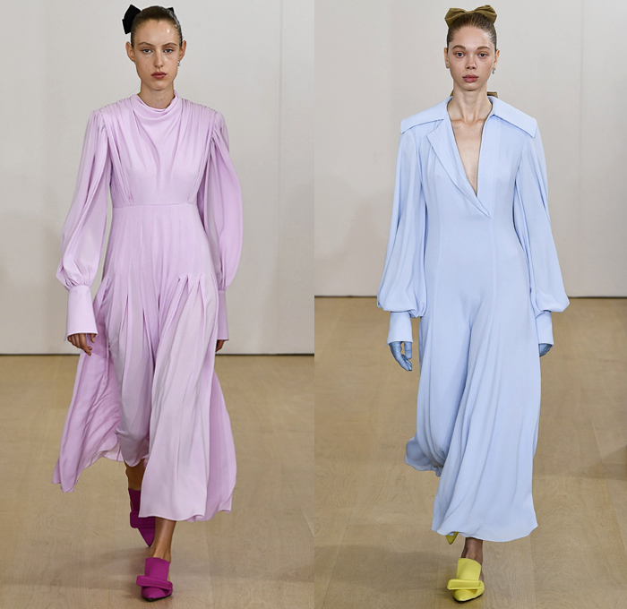 Emilia Wickstead 2019 Spring Summer Womens Runway Catwalk Looks Collection - London Fashion Week Collections UK - Big Collar Pantsuit Round Boatneck Long Sleeve Crop Top Wide Leg Palazzo Pants Butterfly Cape Flowers Floral Onesie Maxi Column Dress Handmaid Mid Century Headwear Cinch Sheer Tulle Sheen Pleats Bow Knot Strapless Goddess Gown Eveningwear Poufy Shoulders Train Briefcase