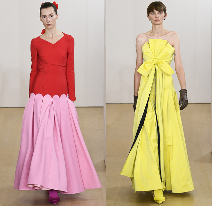 Emilia Wickstead 2019 Spring Summer Womens Runway Catwalk Looks Collection - London Fashion Week Collections UK - Big Collar Pantsuit Round Boatneck Long Sleeve Crop Top Wide Leg Palazzo Pants Butterfly Cape Flowers Floral Onesie Maxi Column Dress Handmaid Mid Century Headwear Cinch Sheer Tulle Sheen Pleats Bow Knot Strapless Goddess Gown Eveningwear Poufy Shoulders Train Briefcase