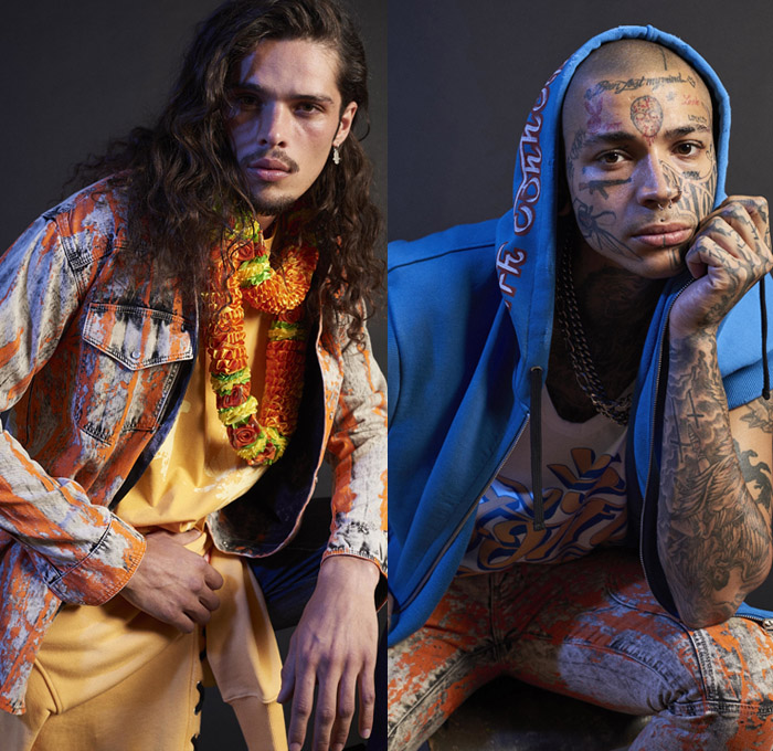 Faith Connexion 2019 Spring Summer Mens Lookbook Presentation - Mode à Paris Fashion Week France - Streetwear Paint Acid Wash Denim Jeans Jacket Knee Pads Sleeveless Sweatshirt Hoodie Necklace Abstract Bedazzled Paillettes 3D Flowers Floral Frayed Raw Hem Tweed Vest Motorcycle Biker Pants Chain Necklace Boots