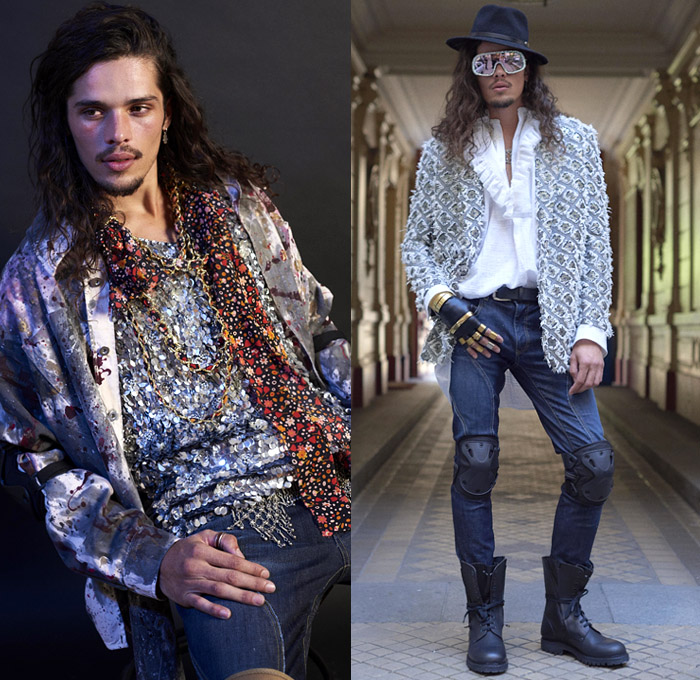 Faith Connexion 2019 Spring Summer Mens Lookbook Presentation - Mode à Paris Fashion Week France - Streetwear Paint Acid Wash Denim Jeans Jacket Knee Pads Sleeveless Sweatshirt Hoodie Necklace Abstract Bedazzled Paillettes 3D Flowers Floral Frayed Raw Hem Tweed Vest Motorcycle Biker Pants Chain Necklace Boots