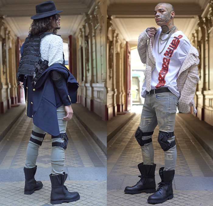 Faith Connexion 2019 Spring Summer Mens Lookbook Presentation - Mode à Paris Fashion Week France - Streetwear Paint Acid Wash Denim Jeans Jacket Knee Pads Sleeveless Sweatshirt Hoodie Necklace Abstract Bedazzled Paillettes 3D Flowers Floral Frayed Raw Hem Tweed Vest Motorcycle Biker Pants Chain Necklace Boots