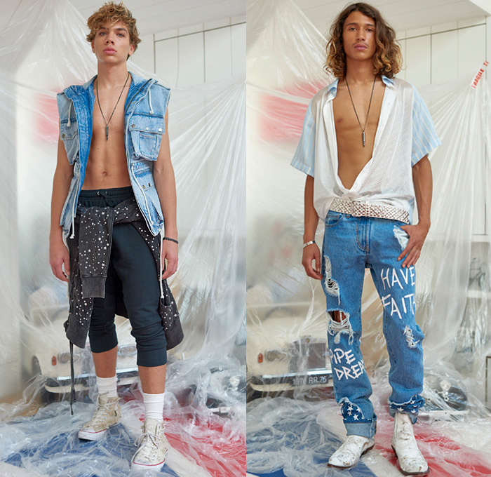 Faith Connexion 2019 Spring Summer Mens Lookbook Presentation Paris Fashion Week Homme France FHCM - Swiss Beatz Marvel Spider-Man Captain America NTMB Denim Jeans vest Parka Coat Knit Mesh Crochet Sweater Tanktop Arm Sleeve Camouflage Check Lace Up Embroidery Bedazzled Sequins PVC Vinyl Jogger Sweatpants Knee Panels Cargo Pockets Converse Chuck Taylor All-Stars Boots