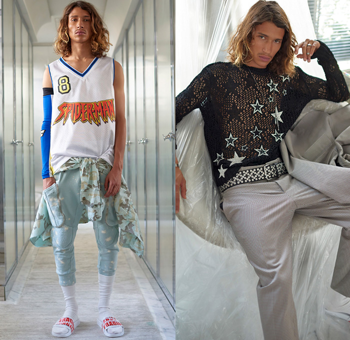 Faith Connexion 2019 Spring Summer Mens Lookbook Presentation Paris Fashion Week Homme France FHCM - Swiss Beatz Marvel Spider-Man Captain America NTMB Denim Jeans vest Parka Coat Knit Mesh Crochet Sweater Tanktop Arm Sleeve Camouflage Check Lace Up Embroidery Bedazzled Sequins PVC Vinyl Jogger Sweatpants Knee Panels Cargo Pockets Converse Chuck Taylor All-Stars Boots