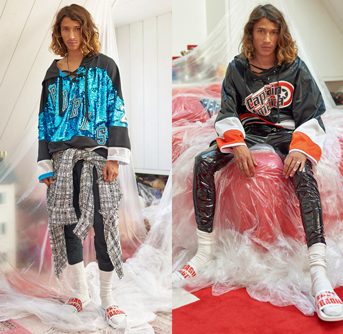 Faith Connexion 2019 Spring Summer Mens Lookbook Presentation Paris Fashion Week Homme France FHCM - Swiss Beatz Marvel Spider-Man Captain America NTMB Denim Jeans vest Parka Coat Knit Mesh Crochet Sweater Tanktop Arm Sleeve Camouflage Check Lace Up Embroidery Bedazzled Sequins PVC Vinyl Jogger Sweatpants Knee Panels Cargo Pockets Converse Chuck Taylor All-Stars Boots