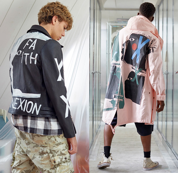 Faith Connexion 2019 Spring Summer Mens Lookbook Presentation Paris Fashion Week Homme France FHCM - Swiss Beatz Marvel Spider-Man Captain America NTMB Denim Jeans vest Parka Coat Knit Mesh Crochet Sweater Tanktop Arm Sleeve Camouflage Check Lace Up Embroidery Bedazzled Sequins PVC Vinyl Jogger Sweatpants Knee Panels Cargo Pockets Converse Chuck Taylor All-Stars Boots