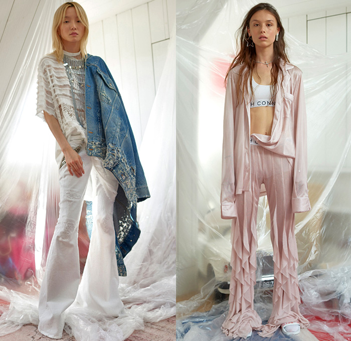 Faith Connexion 2019 Spring Summer Womens Lookbook Presentation Paris Fashion Week Homme France FHCM - Ruffles Stars Embroidery Bedazzled Sequins PVC Vinyl Sheer Chiffon Tulle Fringes Lace Zipper Sheen Pleats Miniskirt Maltese Cross Stripes Mesh Half Split Denim Jeans Jacket Reverse Inside Out Destroyed Flare Blouse Sleepwear Pajamas Lounge One Shoulder Asymmetrical Strapless Pantsuit Dress Underwear Leggings Tights Crop Top Midriff Wide Studs Belt Fedora Choker Stiletto Heels Sandals Socks