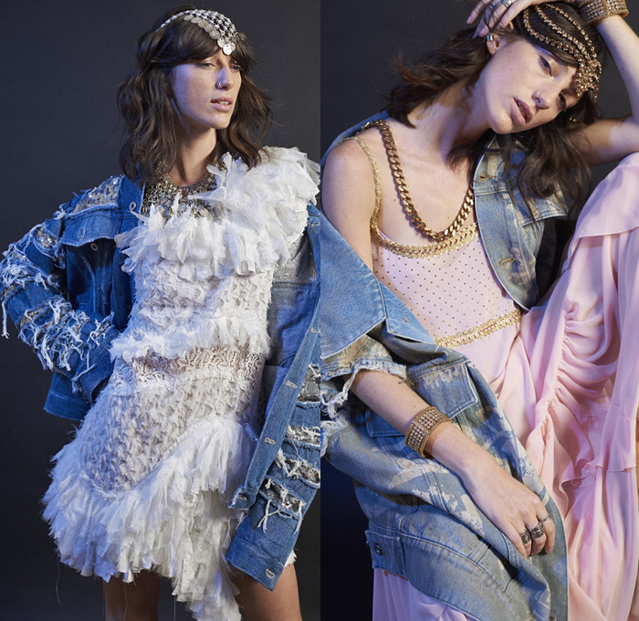 Faith Connexion 2019 Spring Summer Womens Lookbook Presentation - Mode à Paris Fashion Week France - Ruffles Tweed Bomber Western Marching Band Navy Jacket Blazer Pinstripes Flare Destroyed Fringes Frayed Raw Hem Denim Jeans Lace Needlework Embroidery Pearls Bedazzled 3D Flowers Floral Decorative Art Jacquard Brocade Mesh Chain Headwear Buttons Strapless Dress Tutu Tulle Sheer Tiered Leather Cargo Pockets Metallic Studs High Tops Boots Sunglasses Fedora
