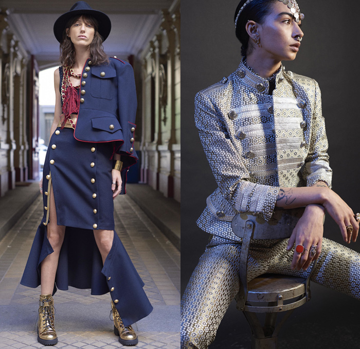 Faith Connexion 2019 Spring Summer Womens Lookbook Presentation - Mode à Paris Fashion Week France - Ruffles Tweed Bomber Western Marching Band Navy Jacket Blazer Pinstripes Flare Destroyed Fringes Frayed Raw Hem Denim Jeans Lace Needlework Embroidery Pearls Bedazzled 3D Flowers Floral Decorative Art Jacquard Brocade Mesh Chain Headwear Buttons Strapless Dress Tutu Tulle Sheer Tiered Leather Cargo Pockets Metallic Studs High Tops Boots Sunglasses Fedora