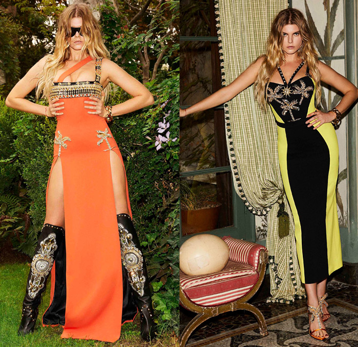 Fausto Puglisi 2019 Spring Summer Womens Lookbook Presentation - Milano Moda Donna Collezione Milan Fashion Week Italy - South Beach Miami Florida Palm Trees Lace Up Grommets Noodle Strap High Slit Dress Sunburst Colorblock Cutout Waist Sheer Chiffon Bicycle Cycling Compression Shorts Ombré Gradient Batwing Bomber Jacket Unitard Motorcycle Biker Handkerchief Asymmetrical Mullet High-Low Hem Knee High Bedazzled Crystals Jewels Gems Ornaments Metallic Studs Leather Boots
