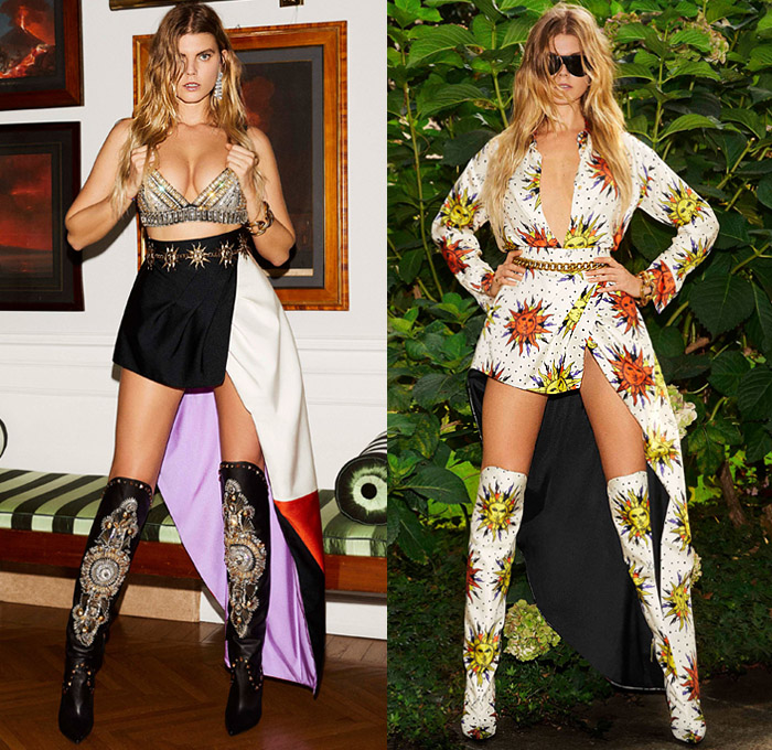 Fausto Puglisi 2019 Spring Summer Womens Lookbook Presentation - Milano Moda Donna Collezione Milan Fashion Week Italy - South Beach Miami Florida Palm Trees Lace Up Grommets Noodle Strap High Slit Dress Sunburst Colorblock Cutout Waist Sheer Chiffon Bicycle Cycling Compression Shorts Ombré Gradient Batwing Bomber Jacket Unitard Motorcycle Biker Handkerchief Asymmetrical Mullet High-Low Hem Knee High Bedazzled Crystals Jewels Gems Ornaments Metallic Studs Leather Boots