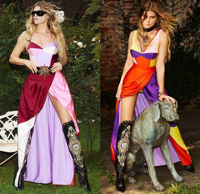 Fausto Puglisi 2019 Spring Summer Womens Lookbook Presentation - Milano Moda Donna Collezione Milan Fashion Week Italy - South Beach Miami Florida Palm Trees Lace Up Grommets Noodle Strap High Slit Dress Sunburst Colorblock Cutout Waist Sheer Chiffon Bicycle Cycling Compression Shorts Ombré Gradient Batwing Bomber Jacket Unitard Motorcycle Biker Handkerchief Asymmetrical Mullet High-Low Hem Knee High Bedazzled Crystals Jewels Gems Ornaments Metallic Studs Leather Boots