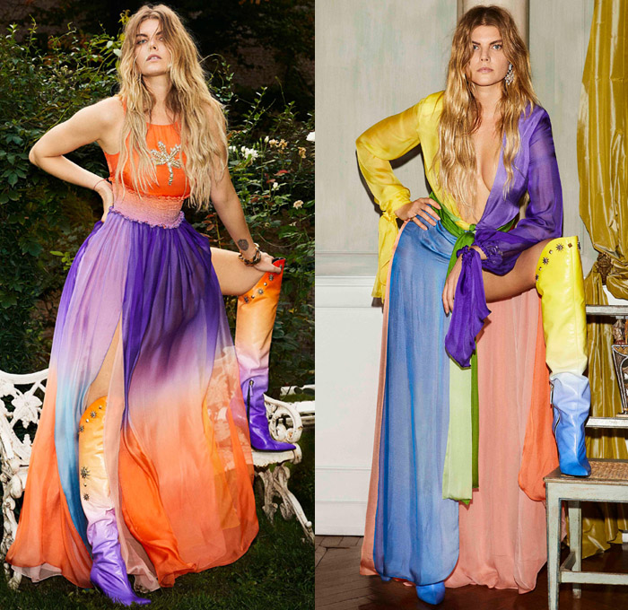 Fausto Puglisi 2019 Spring Summer Womens Lookbook Presentation - Milano Moda Donna Collezione Milan Fashion Week Italy - South Beach Miami Florida Palm Trees Lace Up Grommets Noodle Strap High Slit Dress Sunburst Colorblock Cutout Waist Sheer Chiffon Bicycle Cycling Compression Shorts Ombré Gradient Batwing Bomber Jacket Unitard Motorcycle Biker Handkerchief Asymmetrical Mullet High-Low Hem Knee High Bedazzled Crystals Jewels Gems Ornaments Metallic Studs Leather Boots