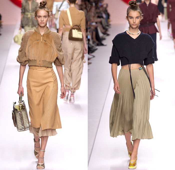Fendi 2019 Spring Summer Womens Runway Catwalk Looks Collection - Milano Moda Donna Collezione Milan Fashion Week Italy - Plush Fur Outerwear Coat Bomber Jacket Plastic Rainwear Oversleeve Utility Cargo Pockets Cycling Compression Shorts Geometric Plants Accordion Pleats Dress Skirt Petal Front Cockatoo Parrot Bird Print Flowers Floral Embroidery Sheer Tulle Gown Denim Jeans Baguette Handbag Bum Bag Tool Belt