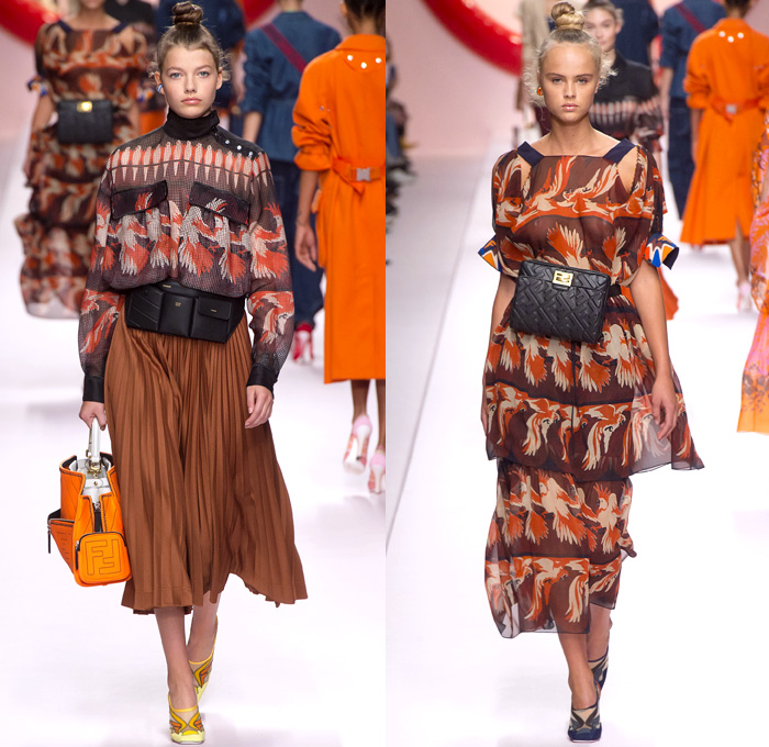 Fendi 2019 Spring Summer Womens Runway Catwalk Looks Collection - Milano Moda Donna Collezione Milan Fashion Week Italy - Plush Fur Outerwear Coat Bomber Jacket Plastic Rainwear Oversleeve Utility Cargo Pockets Cycling Compression Shorts Geometric Plants Accordion Pleats Dress Skirt Petal Front Cockatoo Parrot Bird Print Flowers Floral Embroidery Sheer Tulle Gown Denim Jeans Baguette Handbag Bum Bag Tool Belt