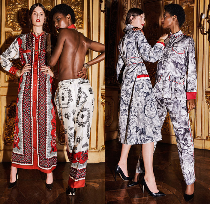 For Restless Sleepers by Francesca Ruffini 2019 Spring Summer Womens Lookbook Presentation - Milano Moda Donna Collezione Milan Fashion Week Italy - Loungewear Pajamas Silk Satin Coat Robe Pantsuit Forest Animals Jungle Monkeys Snakes Elephant Tiger Bees Zebra Stripes Fruits Flowers Floral Cherry Blossoms Leaves Foliage Print Graphic Motif Shirtdress Cardigan Dress Mesh Tulle Sheer Wide Leg Pants Shorts
