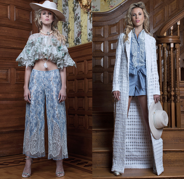 Frederick Anderson 2019 Spring Summer Womens Lookbook Presentation New York Fashion Week NYFW Tessa von Walderdorff Hilton - Western Cowgirl Lace Embroidery Needlework Sheer Chiffon Organza Tulle Tweed Knit Ruffles Geometric Vines Houndstooth Racing Check Fringes Lasercut Stripes Bomber Jacket Tabard Crop Top Midriff Blouse Bell Sleeves Kimono Wrap Cross Halterneck Dress Wide Leg Knot Pencil Skirt Miniskirt Tiered Petal Hem Straw Hat Pearl Necklace Pumps Snakeskin Cowboy Boots