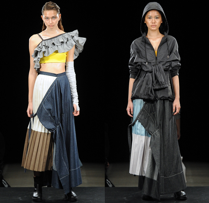 Fumiku 2019 Spring Summer Womens Runway Catwalk Looks Fumika Hayashi - Amazon Fashion Week Tokyo Japan AmazonFWT - Deconstructed Layers One Shoulder Ruffles Crop Top Accordion Pleats Skirt Denim Jeans Panel Nylon Anorakdress Windbreaker Hoodie Tie Up Knot Drawstring Cinch Flowers Floral Sash Loungewear Long Sleeve Shirt Slouchy Pants Arm Warmers Pinafore Shirtdress Stripes Trainers Boots