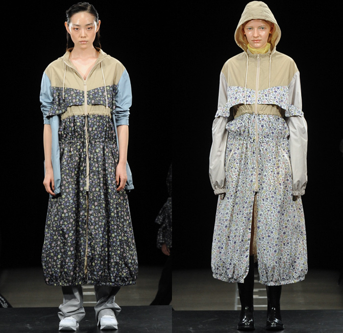 Fumiku 2019 Spring Summer Womens Runway Catwalk Looks Fumika Hayashi - Amazon Fashion Week Tokyo Japan AmazonFWT - Deconstructed Layers One Shoulder Ruffles Crop Top Accordion Pleats Skirt Denim Jeans Panel Nylon Anorakdress Windbreaker Hoodie Tie Up Knot Drawstring Cinch Flowers Floral Sash Loungewear Long Sleeve Shirt Slouchy Pants Arm Warmers Pinafore Shirtdress Stripes Trainers Boots