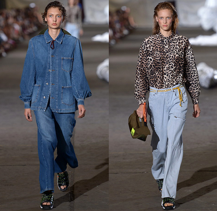 Ganni 2019 Spring Summer Womens Runway Catwalk Looks - Copenhagen Fashion Week Denmark CPHFW København - Camping Outdoors Denim Jeans Shirt Blouse Railroad Hypnotic Stripes Rope Tie Up Waist Flare Parka Anorak Tanktop Utility Vest Quilted Shorts Cutout Shoulders Shirtdress Leg O'Mutton Sleeves Leopard Cargo Pockets Knit Sheer Sheen Holes Lasercut Tie-Dye Fringes Flowers Floral Silk Satin Maxi Dress Worker Pants Cosmetics Kit Travel Bag Sandals Mountain Hiking Boots Backpack Plaid Bucket Hat