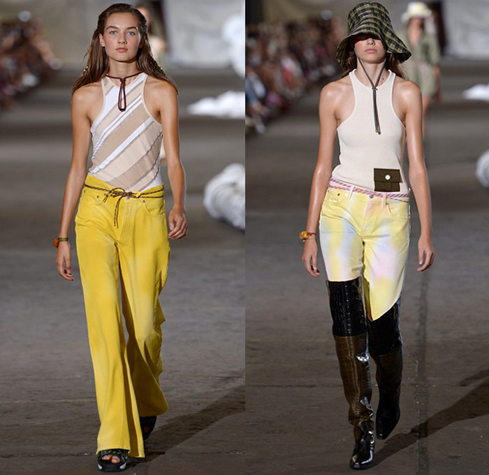 Ganni 2019 Spring Summer Womens Runway Catwalk Looks - Copenhagen Fashion Week Denmark CPHFW København - Camping Outdoors Denim Jeans Shirt Blouse Railroad Hypnotic Stripes Rope Tie Up Waist Flare Parka Anorak Tanktop Utility Vest Quilted Shorts Cutout Shoulders Shirtdress Leg O'Mutton Sleeves Leopard Cargo Pockets Knit Sheer Sheen Holes Lasercut Tie-Dye Fringes Flowers Floral Silk Satin Maxi Dress Worker Pants Cosmetics Kit Travel Bag Sandals Mountain Hiking Boots Backpack Plaid Bucket Hat