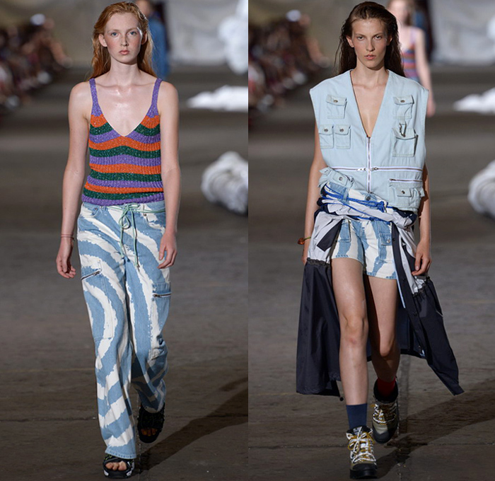 Ganni 2019 Spring Summer Womens Runway Catwalk Looks - Copenhagen Fashion Week Denmark CPHFW København - Camping Outdoors Denim Jeans Shirt Blouse Railroad Hypnotic Stripes Rope Tie Up Waist Flare Parka Anorak Tanktop Utility Vest Quilted Shorts Cutout Shoulders Shirtdress Leg O'Mutton Sleeves Leopard Cargo Pockets Knit Sheer Sheen Holes Lasercut Tie-Dye Fringes Flowers Floral Silk Satin Maxi Dress Worker Pants Cosmetics Kit Travel Bag Sandals Mountain Hiking Boots Backpack Plaid Bucket Hat