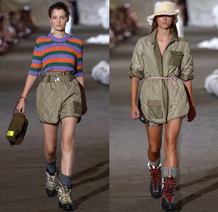 Ganni 2019 Spring Summer Womens Runway Catwalk Looks - Copenhagen Fashion Week Denmark CPHFW København - Camping Outdoors Denim Jeans Shirt Blouse Railroad Hypnotic Stripes Rope Tie Up Waist Flare Parka Anorak Tanktop Utility Vest Quilted Shorts Cutout Shoulders Shirtdress Leg O'Mutton Sleeves Leopard Cargo Pockets Knit Sheer Sheen Holes Lasercut Tie-Dye Fringes Flowers Floral Silk Satin Maxi Dress Worker Pants Cosmetics Kit Travel Bag Sandals Mountain Hiking Boots Backpack Plaid Bucket Hat