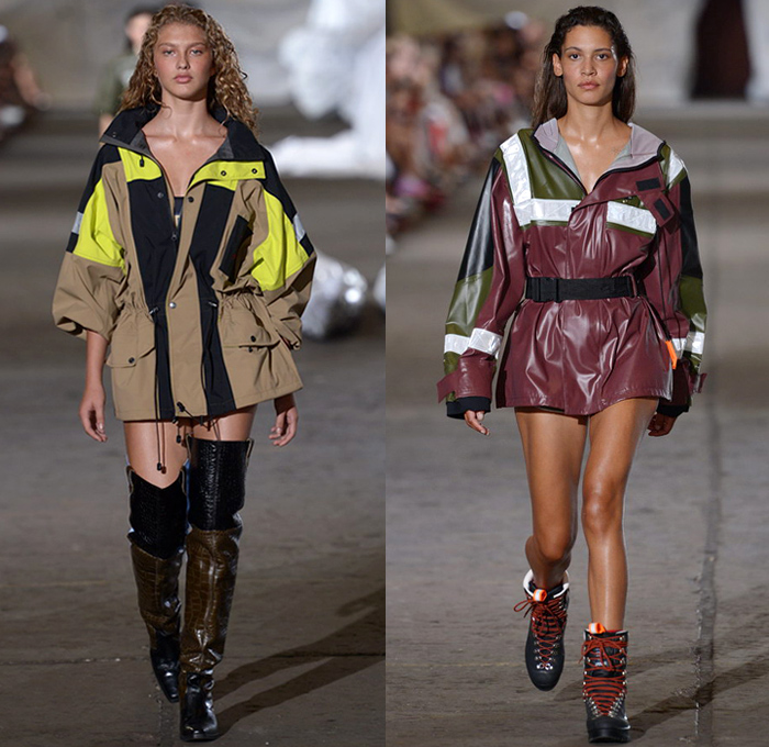 Ganni 2019 Spring Summer Womens Runway Catwalk Looks - Copenhagen Fashion Week Denmark CPHFW København - Camping Outdoors Denim Jeans Shirt Blouse Railroad Hypnotic Stripes Rope Tie Up Waist Flare Parka Anorak Tanktop Utility Vest Quilted Shorts Cutout Shoulders Shirtdress Leg O'Mutton Sleeves Leopard Cargo Pockets Knit Sheer Sheen Holes Lasercut Tie-Dye Fringes Flowers Floral Silk Satin Maxi Dress Worker Pants Cosmetics Kit Travel Bag Sandals Mountain Hiking Boots Backpack Plaid Bucket Hat