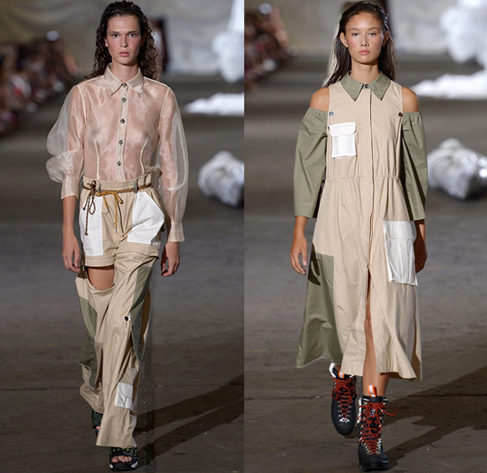 Ganni 2019 Spring Summer Womens Runway Catwalk Looks - Copenhagen Fashion Week Denmark CPHFW København - Camping Outdoors Denim Jeans Shirt Blouse Railroad Hypnotic Stripes Rope Tie Up Waist Flare Parka Anorak Tanktop Utility Vest Quilted Shorts Cutout Shoulders Shirtdress Leg O'Mutton Sleeves Leopard Cargo Pockets Knit Sheer Sheen Holes Lasercut Tie-Dye Fringes Flowers Floral Silk Satin Maxi Dress Worker Pants Cosmetics Kit Travel Bag Sandals Mountain Hiking Boots Backpack Plaid Bucket Hat