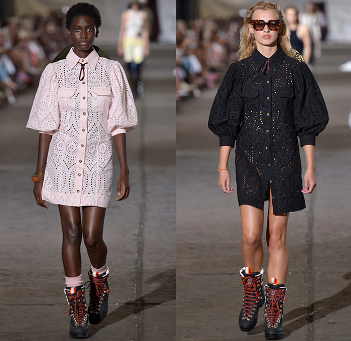 Ganni 2019 Spring Summer Womens Runway Catwalk Looks - Copenhagen Fashion Week Denmark CPHFW København - Camping Outdoors Denim Jeans Shirt Blouse Railroad Hypnotic Stripes Rope Tie Up Waist Flare Parka Anorak Tanktop Utility Vest Quilted Shorts Cutout Shoulders Shirtdress Leg O'Mutton Sleeves Leopard Cargo Pockets Knit Sheer Sheen Holes Lasercut Tie-Dye Fringes Flowers Floral Silk Satin Maxi Dress Worker Pants Cosmetics Kit Travel Bag Sandals Mountain Hiking Boots Backpack Plaid Bucket Hat