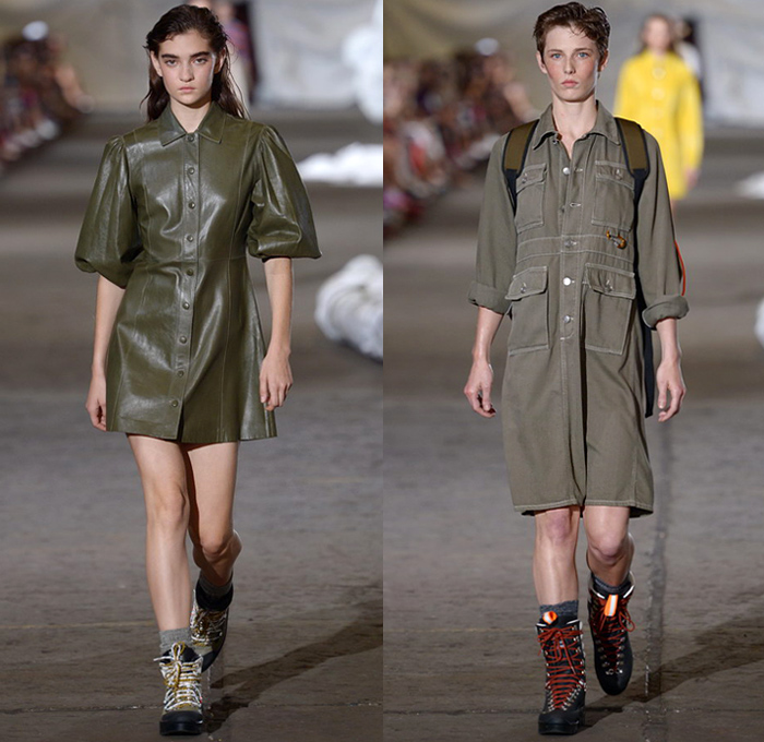 Ganni 2019 Spring Summer Womens Runway Catwalk Looks - Copenhagen Fashion Week Denmark CPHFW København - Camping Outdoors Denim Jeans Shirt Blouse Railroad Hypnotic Stripes Rope Tie Up Waist Flare Parka Anorak Tanktop Utility Vest Quilted Shorts Cutout Shoulders Shirtdress Leg O'Mutton Sleeves Leopard Cargo Pockets Knit Sheer Sheen Holes Lasercut Tie-Dye Fringes Flowers Floral Silk Satin Maxi Dress Worker Pants Cosmetics Kit Travel Bag Sandals Mountain Hiking Boots Backpack Plaid Bucket Hat