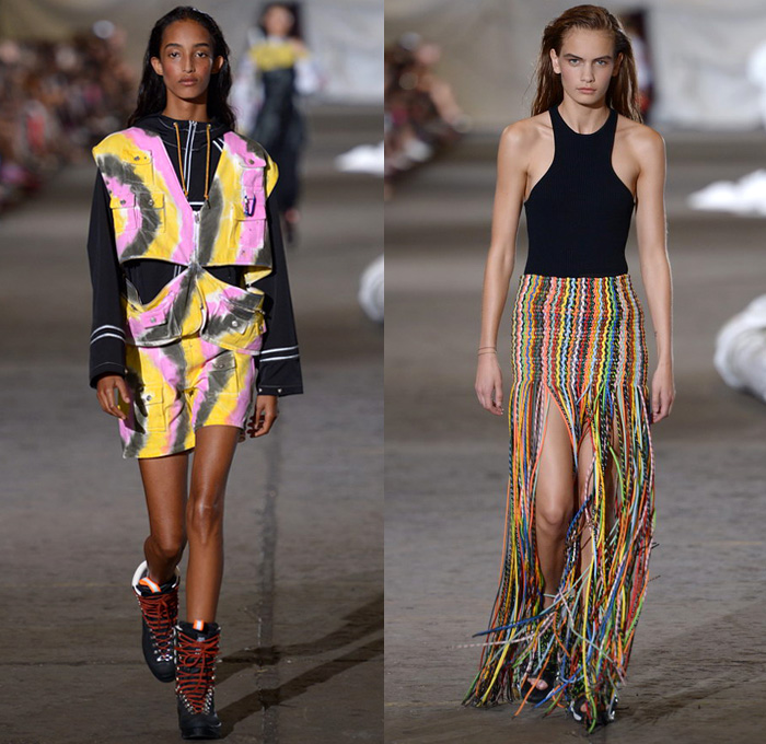 Ganni 2019 Spring Summer Womens Runway Catwalk Looks - Copenhagen Fashion Week Denmark CPHFW København - Camping Outdoors Denim Jeans Shirt Blouse Railroad Hypnotic Stripes Rope Tie Up Waist Flare Parka Anorak Tanktop Utility Vest Quilted Shorts Cutout Shoulders Shirtdress Leg O'Mutton Sleeves Leopard Cargo Pockets Knit Sheer Sheen Holes Lasercut Tie-Dye Fringes Flowers Floral Silk Satin Maxi Dress Worker Pants Cosmetics Kit Travel Bag Sandals Mountain Hiking Boots Backpack Plaid Bucket Hat