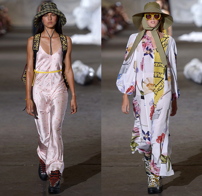 Ganni 2019 Spring Summer Womens Runway Catwalk Looks - Copenhagen Fashion Week Denmark CPHFW København - Camping Outdoors Denim Jeans Shirt Blouse Railroad Hypnotic Stripes Rope Tie Up Waist Flare Parka Anorak Tanktop Utility Vest Quilted Shorts Cutout Shoulders Shirtdress Leg O'Mutton Sleeves Leopard Cargo Pockets Knit Sheer Sheen Holes Lasercut Tie-Dye Fringes Flowers Floral Silk Satin Maxi Dress Worker Pants Cosmetics Kit Travel Bag Sandals Mountain Hiking Boots Backpack Plaid Bucket Hat