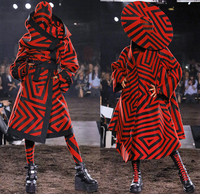 Gareth Pugh 2019 Spring Summer Womens Runway Catwalk Looks Collection London Fashion Week Collections UK - Outsider Society Punk Bondage Star Motif Stripes Mask Bodysuit Onesie Coveralls Trench Coat Funnelneck Metallic Foil Purple Plastic Rainwear Hotpants Strands Chaps Hanging Sleeve Blazerdress Flare Bell Bottom Pants Pinstripe Pantsuit Bell Sleeves Leather Strapless Check One Shoulder FIshnet Mesh Fringes PVC Vinyl Opera Gloves Disc Shaped Hat Fan High Platform Strapped Boots