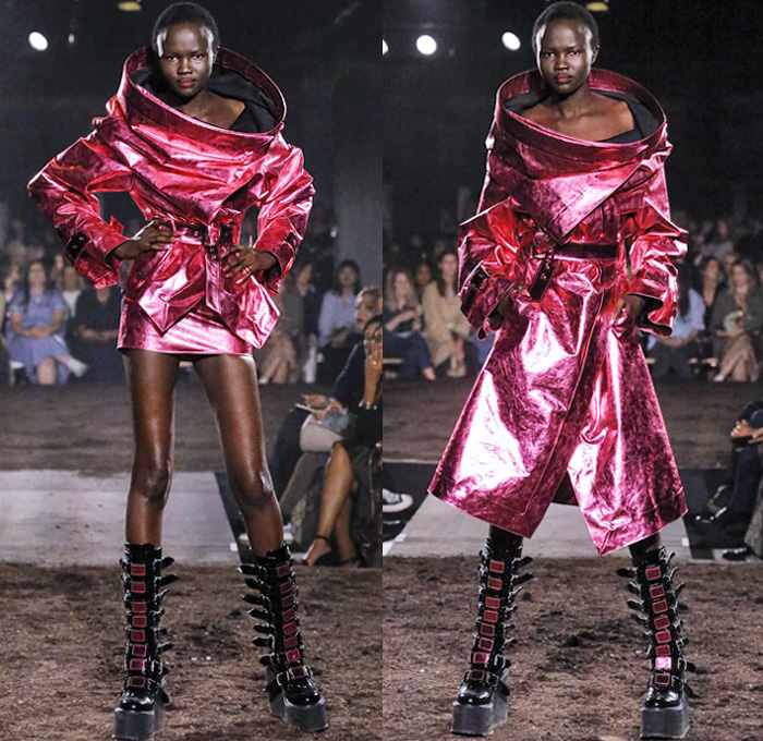 Gareth Pugh 2019 Spring Summer Womens Runway Catwalk Looks Collection London Fashion Week Collections UK - Outsider Society Punk Bondage Star Motif Stripes Mask Bodysuit Onesie Coveralls Trench Coat Funnelneck Metallic Foil Purple Plastic Rainwear Hotpants Strands Chaps Hanging Sleeve Blazerdress Flare Bell Bottom Pants Pinstripe Pantsuit Bell Sleeves Leather Strapless Check One Shoulder FIshnet Mesh Fringes PVC Vinyl Opera Gloves Disc Shaped Hat Fan High Platform Strapped Boots