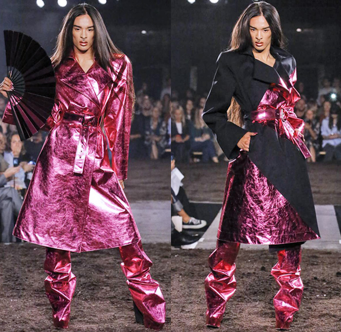 Gareth Pugh 2019 Spring Summer Womens Runway Catwalk Looks Collection London Fashion Week Collections UK - Outsider Society Punk Bondage Star Motif Stripes Mask Bodysuit Onesie Coveralls Trench Coat Funnelneck Metallic Foil Purple Plastic Rainwear Hotpants Strands Chaps Hanging Sleeve Blazerdress Flare Bell Bottom Pants Pinstripe Pantsuit Bell Sleeves Leather Strapless Check One Shoulder FIshnet Mesh Fringes PVC Vinyl Opera Gloves Disc Shaped Hat Fan High Platform Strapped Boots