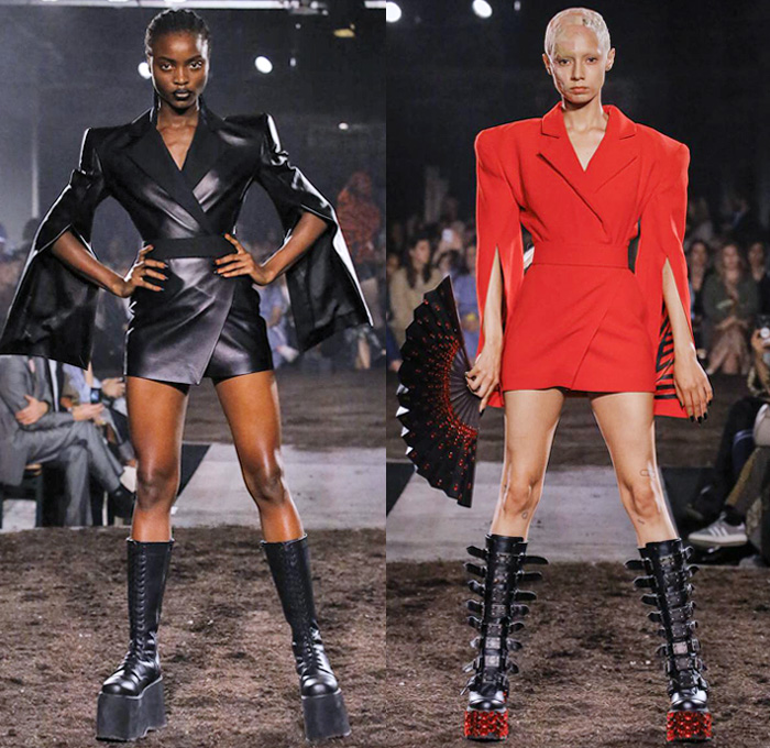 Gareth Pugh 2019 Spring Summer Womens Runway Catwalk Looks Collection London Fashion Week Collections UK - Outsider Society Punk Bondage Star Motif Stripes Mask Bodysuit Onesie Coveralls Trench Coat Funnelneck Metallic Foil Purple Plastic Rainwear Hotpants Strands Chaps Hanging Sleeve Blazerdress Flare Bell Bottom Pants Pinstripe Pantsuit Bell Sleeves Leather Strapless Check One Shoulder FIshnet Mesh Fringes PVC Vinyl Opera Gloves Disc Shaped Hat Fan High Platform Strapped Boots