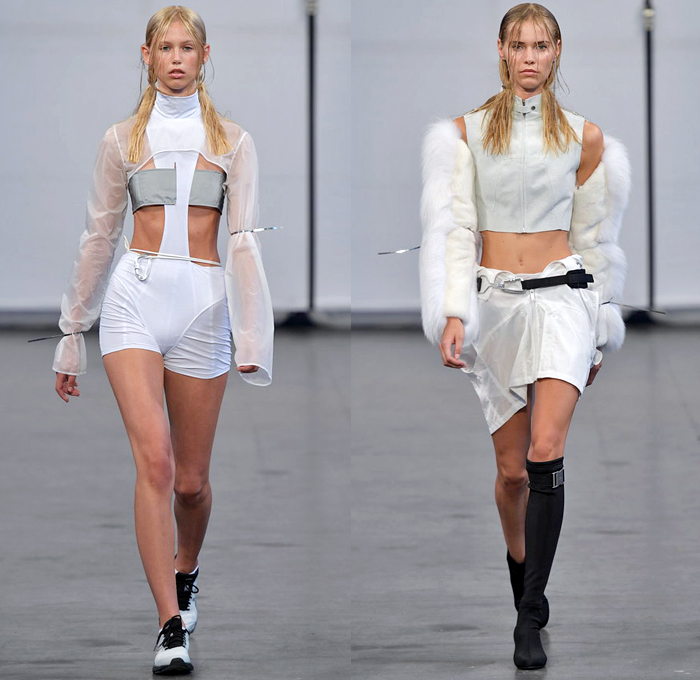 Heliot Emil 2019 Spring Summer Womens Runway Catwalk Looks - Copenhagen Fashion Week Denmark CPHFW København - Referential Transparency Deconstructed Hybrid Sportswear Athleisure Trackwear Nylon Carabiner Harness Straps Buckle Sheer Panels Jacket Anorak Cutout Crop Top Turtleneck Bandeau Furry Sleeves Knit Compression Shorts Miniskirt Asymmetrical Wrap Cargo Pockets Handkerchief Mullet High-Low Hem Wide Leg Fanny Pack Waist Pouch Bum Bag Knee High Boots Trainers Gloves Heels Zipties