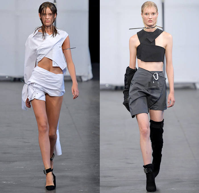 Heliot Emil 2019 Spring Summer Womens Runway Catwalk Looks - Copenhagen Fashion Week Denmark CPHFW København - Referential Transparency Deconstructed Hybrid Sportswear Athleisure Trackwear Nylon Carabiner Harness Straps Buckle Sheer Panels Jacket Anorak Cutout Crop Top Turtleneck Bandeau Furry Sleeves Knit Compression Shorts Miniskirt Asymmetrical Wrap Cargo Pockets Handkerchief Mullet High-Low Hem Wide Leg Fanny Pack Waist Pouch Bum Bag Knee High Boots Trainers Gloves Heels Zipties